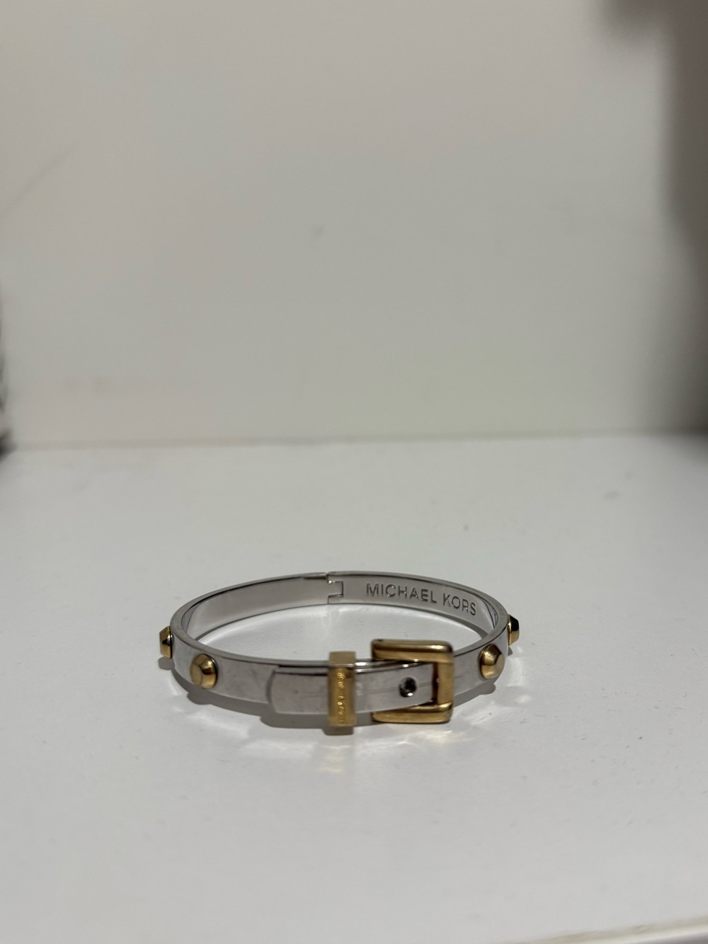Michael Kors White Leather-Look Bangle with Gold Buckle and Studs